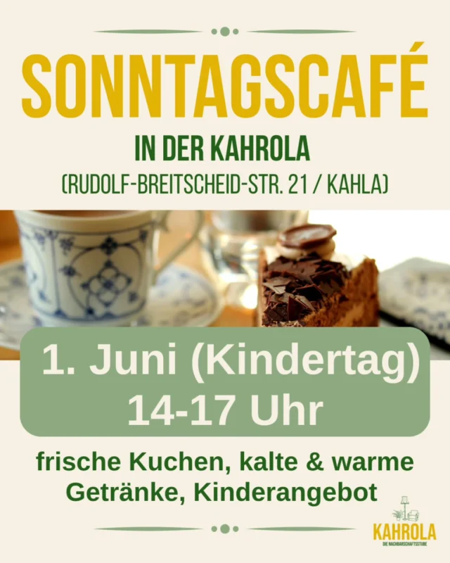 Es ist soweit: das Sonntagscafè in der Kahrola kann öffnen. 14-17 Uhr sind wir da! 

Kommt am 1.6. (Kindertag), gerne bei uns vorbei. Es gibt frische Kuchen (auch vegan), kalte&warme Getränke und ein kleines Kinderangebot, Spiele für Jung und Alt können gern ausgeliehen werden. Ihr könnt auch gern einfach so zum quatschen, abhängen oder ausruhen vorbeikommen. 

Ab dem 1.6. gibt es das dann jeden Sonntag in Kahla! Also kein Problem, wenn ihr nicht könnt.

Unser Raum ist nicht Barrierefrei, aber Draußen kann ein bisschen Fläche genutzt werden zum in Ruhe trinken und essen. Bringen gern auch alles nach Draußen. 

#kahla #kahrola