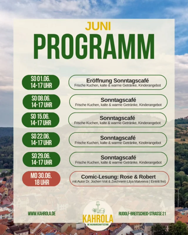 Der Juni steht bevor, deshalb kommt hier schonmal unser Programm ✨️

Aktuell noch in Planung sind der Pokèmon-Treff, der Kreativnachmittag und die Sozialberatung. Aber eins nach dem anderen. Wenn ihr die Kahrola nutzen wollt oder eigene Ideen habt, zögert nicht uns anzusprechen oder anzuschreiben! ❤️‍🔥 Die Kahrola ist auch das, was ihr draus macht.

Besonders freuen wir uns über die Comic-Lesung "Rose&Robert - Liebe in Zeiten der Kriege mit @erinnerungsort24 und @risburlit. Weitere Infos folgen bald!