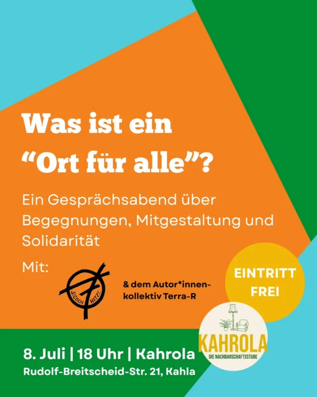 Was ist ein „Ort für Alle“? 

Ein Gespräch über Begegnung, Mitgestaltung und Solidarität

Wie wollen wir als Gesellschaft miteinander leben? Gerade in Krisenzeiten hoffen viele Menschen auf schnelle, einfache Antworten auf diese Fragen. Andere suchen nach langfristigeren Lösungen: Ob große soziokulturelle Zentren oder kleine Ladenlokale – in vielen Städten und Dörfern Thüringens haben sich gemeinschaftlich organisierte Räume gebildet. Dort können jeden Tag aufs Neue Visionen für ein gutes Miteinander ausprobiert und gelebt werden. Die Räume sind Nachbarschaftstreffs, Begegnungsorte, Bildungsstätten, Konzertsäle, Freiräume für Subkultur und vieles mehr. Manche entstehen gerade erst neu, wie die Kahrola in Kahla, andere, wie Siebenhitze Greiz, gibt es bereits seit mehreren Jahren. Sie alle haben gemeinsam, dass sie Menschen einladen, aktiv mitzugestalten, zu experimentieren und miteinander in Austausch zu kommen. Sie wollen „Orte für Alle“ sein. 
Wie entstehen solche Räume? Welche Ideen, Ziele und Arbeit stecken dahinter? Und was können sie erreichen, für die Engagierten und für die Nachbarschaft? Welche Herausforderungen gehen damit einher und wie bewältigt man diese? Zwei Monate nach der Eröffnung der Kahrola wollen wir einen Blick nach innen wagen und über diese Fragen ins Gespräch kommen. 

Beim Gespräch dabei sind: Elli von der Kahrola, Marcel von Siebenhitze Greiz und Viktoria vom Autor*innenkollektiv Terra-R. 
Moderation: Johanna (Institut für Demokratie und Zivilgesellschaft Jena)

Wann? 8. Juli, 18 Uhr
Wo? Kahrola, Rudolf-Breitscheid-Straße 21, Kahla