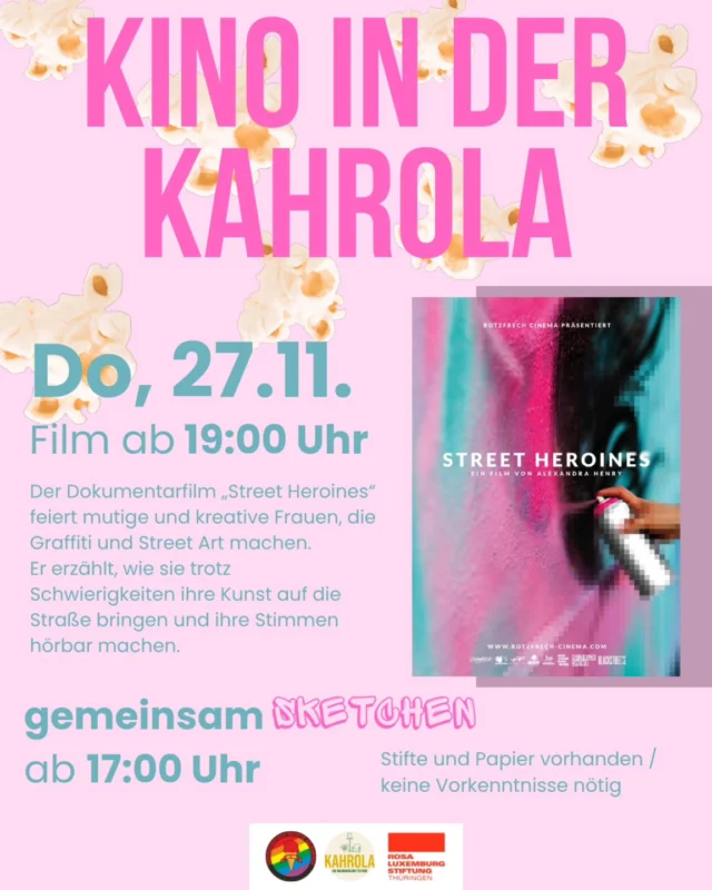 Am Donnerstag, den 27.11. startet der erste Film unserer Filmreihe mit der @rosaluxth. 

🎬 Street Heroines (@rotzfrech_cinema)
Davor: wollen wir gemeinsam Sketchen und Kreativ sein (Material vorhanden - Du brauchst nix mitbringen)

💸 Alles kostenfrei!