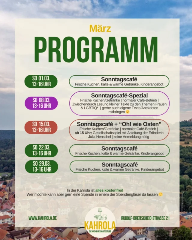 März-Prgramm ✨️☕️

Alle Infos findet ihr auch immer unter www.kahrola.de