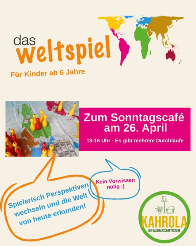 Am 26.04 möchten wir mit euch auf Weltreise gehen. Mithilfe einer Weltkarte erkunden wir gemeinsam Fragen der Welt von heute. 

Zum Beispiel: Woher kommt eigentlich unsere Schokolade und unserer Kakao? Welche Probleme und Herausforderungen für Menschen und Umwelt treten bei der Produktion und der weiten Reise dieser Produkte auf? 

🍫 Schokolade gibt es für alle, die mitmachen natürlich auch! 

Für Kinder ab 6 Jahre.