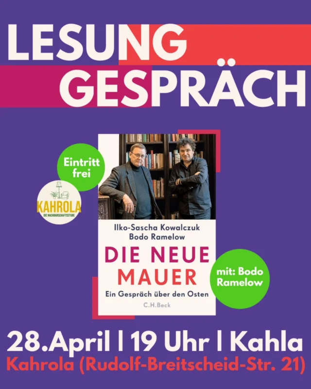 Im April haben wir noch ein kleines Highlight für euch: 

Bodo Ramelow stellt sein, mit Ilko-Sascha Kowalczuk geschriebenes, neues Buch vor: "Die neue Mauer - Ein Gespräch über dem Osten". Ein Thema, was nachwievor aktuell ist und so manche Gemüter erhitzt. 

Wir wollen ins Gespräch kommen. Was bewegt euch zu dem Thema? Sind Ost und West immer noch aktuell? Wie kann es gelingen Gräben zu überwinden? 

❗️Pünktlich sein lohnt sich, die Kahrola ist nicht allzu groß.