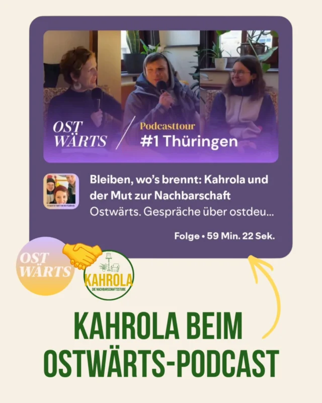🔥 Bleiben, wo's brennt 🔥

Die liebe Nine von @ostwaerts_gespraeche war bei uns und hat mit Fabi und Franzi ein bisschen über die Kahrola gequatscht. Was läuft gut, wo gibt es Herausforderungen? Aber auch gehen oder bleiben als eine zentrale Frage. 

 🚀 Den Podcast gibt es auch als Video auf Youtube!