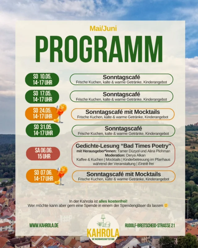 Etwas verspätet kommt hier noch das Programm für den restlichen Mai und schon ein bisschen vom Juni ✨️☕️

Sehen wir uns?