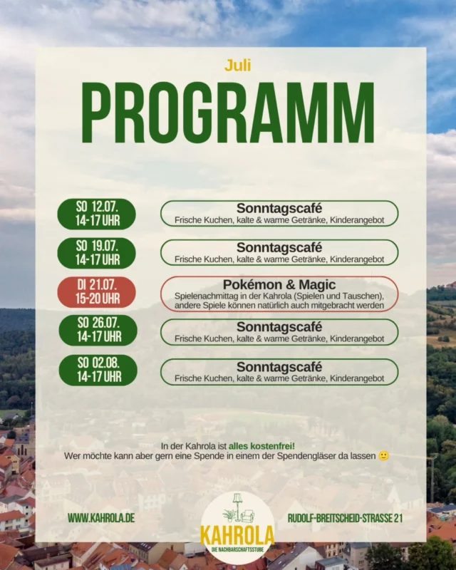 📢 Juli-Programm (etwas verspätet)!

Kommt rum, wir freuen uns auf Euch! ☕️