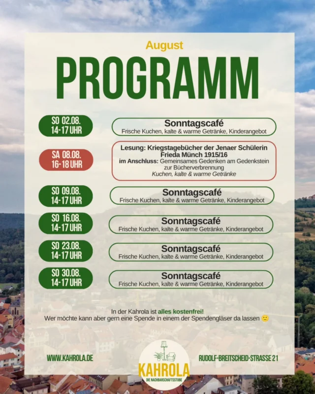 August in der KAHROLA ✨️

Wir freuen uns auf Euch! Vielleicht kommt spontan noch was dazu. Dann erfahrt ihr es hier oder auf unserer Website 🌻