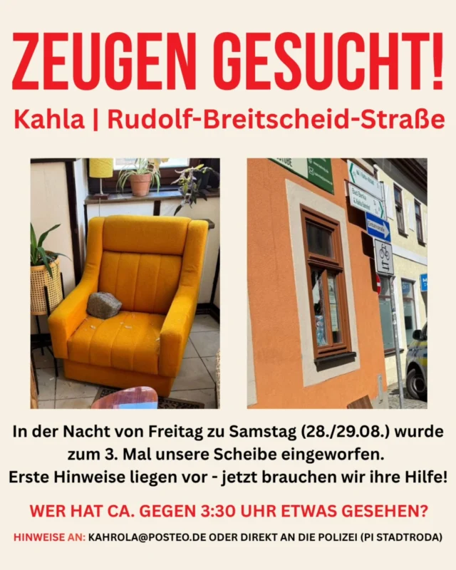 ❗️ZEUGEN GESUCHT❗️

Erneuter Angriff auf die Kahrola.
Erste Hinweise liegen vor, deshalb brauchen wir Euch. 

Wer heute Nacht was gesehen hat - meldet euch!